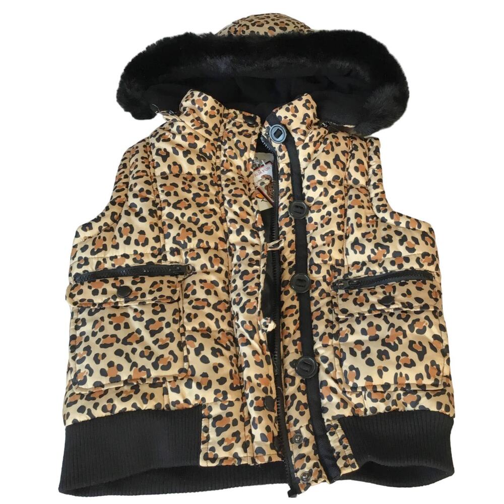 Girls Leopard Print Puffer Vest Faux Fur Zip-Off Hood Size M 10 NWT Outerwear
